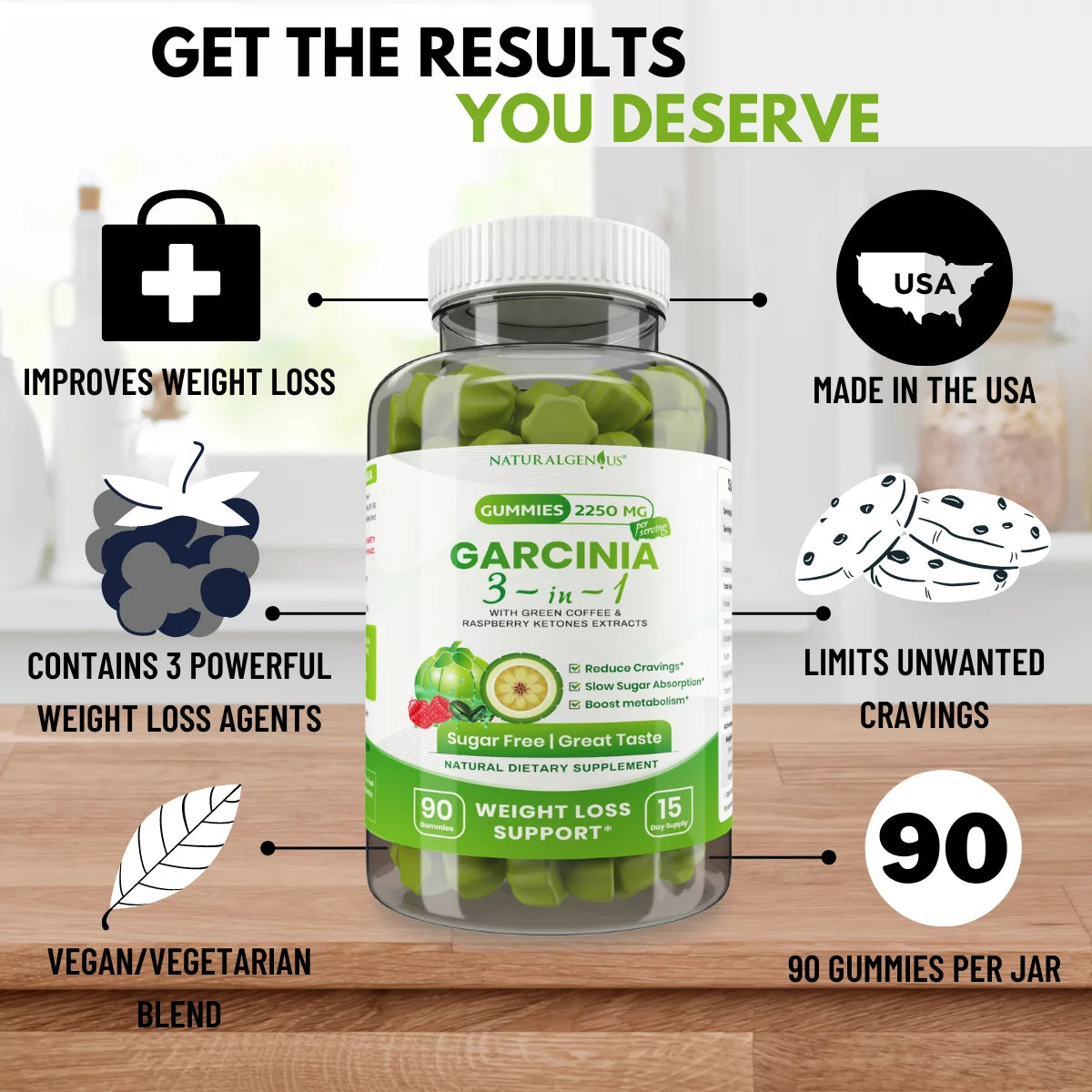 Garcinia Gummies 3 in 1, Appetite Suppressant with Green Coffee, Raspberry Ketones for Weight Loss