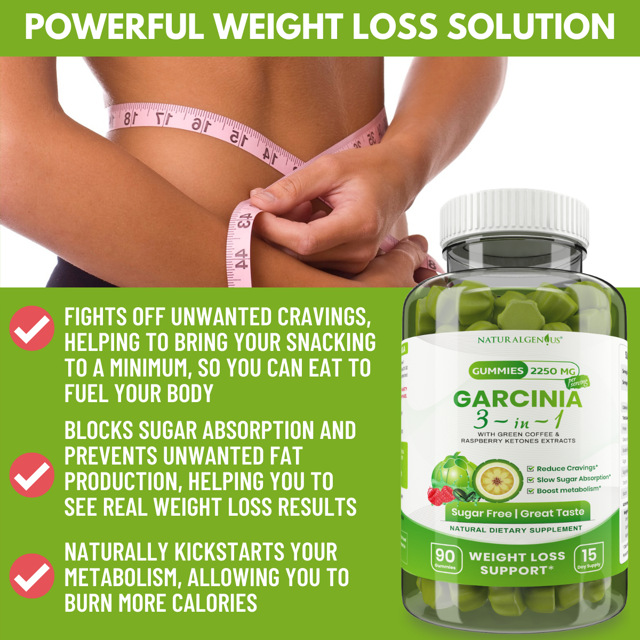 Garcinia Gummies 3 in 1, Appetite Suppressant with Green Coffee, Raspberry Ketones for Weight Loss