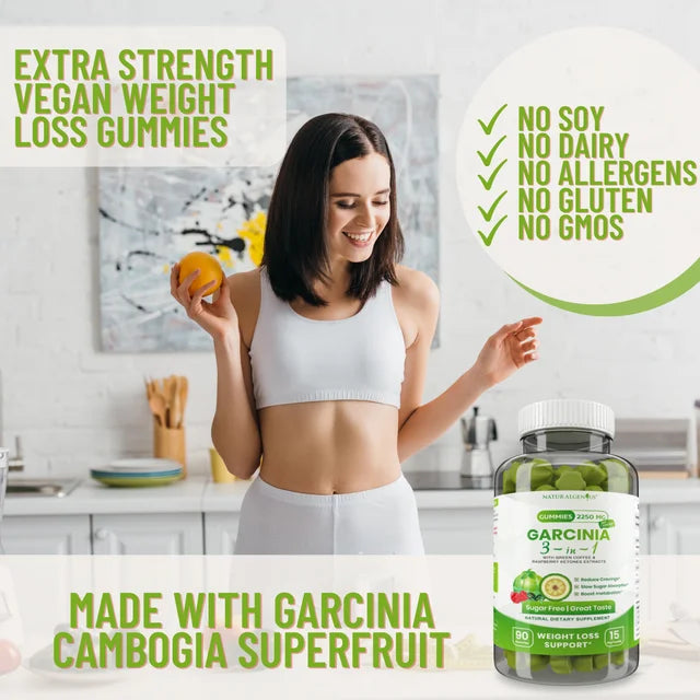 Garcinia Gummies 3 in 1, Appetite Suppressant with Green Coffee, Raspberry Ketones for Weight Loss