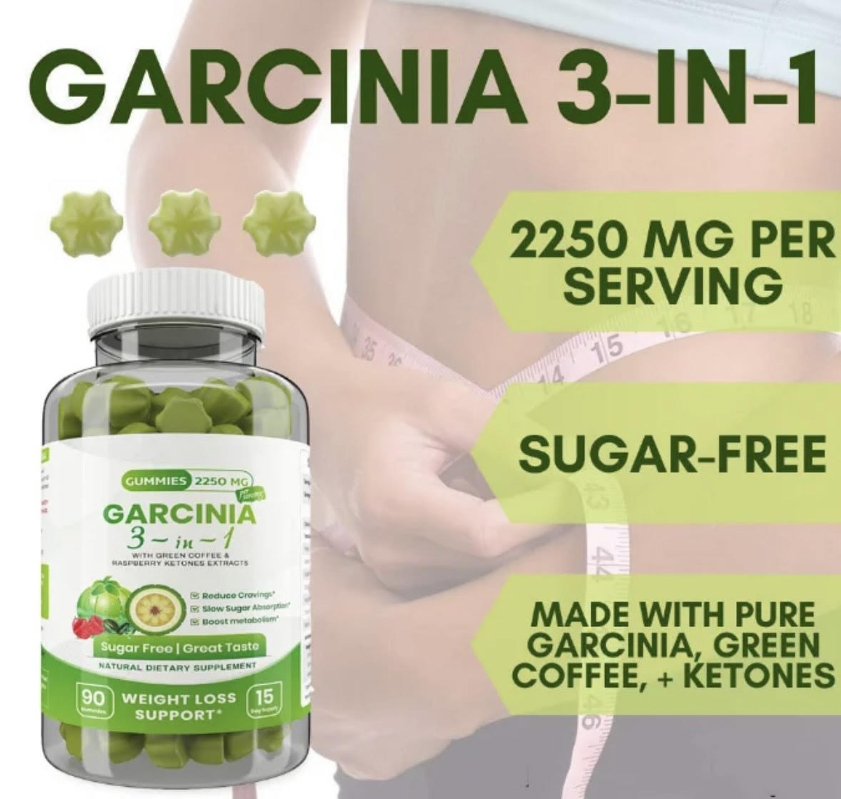 Garcinia Gummies 3 in 1, Appetite Suppressant with Green Coffee, Raspberry Ketones for Weight Loss